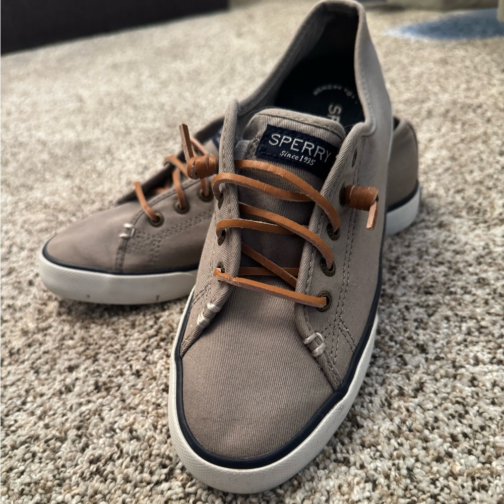 Sperry Taupe Canvas Sneakers with Brown Leather Laces